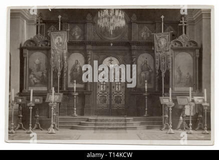 Iconostasis of the Orthodox Church of Saint Peter and Paul in Karlovy Vary, Czechoslovakia, depicted in the Czechoslovak vintage postcard dated probably from the 1930s. Courtesy of the Azoor Postcard Collection. Stock Photo