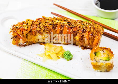 New York Crunch Sushi Roll. Selective focus. Stock Photo