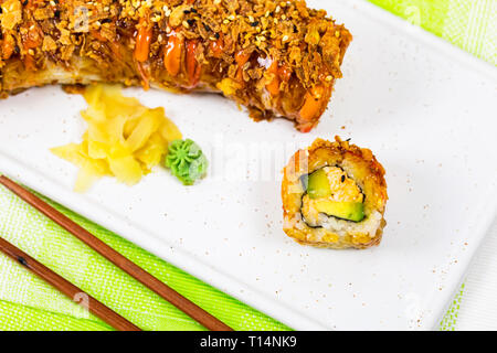 New York Crunch Sushi Roll. Selective focus. Stock Photo