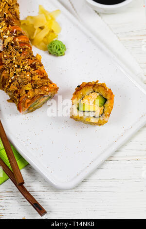 New York Crunch Sushi Roll. Selective focus. Stock Photo