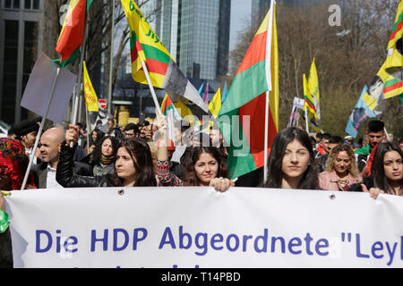 Frankfurt, Germany. 23rd Mar, 2019. Kurds march with banner and flags through Frankfurt. Several thousand Kurds marched through Frankfurt, to celebrate Nawroz, the Kurdish New Year's festival. It was the central celebration for Germany and was held under the motto “Free Abdullah Ocalan”, the leader of the PKK (Kurdistan Workers' Party). Credit: Michael Debets/Pacific Press/Alamy Live News Stock Photo