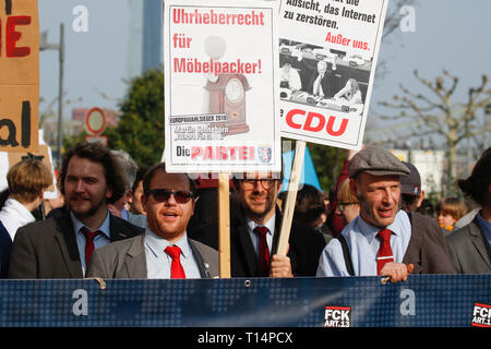 Frankfurt, Germany. 23rd Mar, 2019. Protesters march with signs through Frankfurt. More than 15,000 protesters marched through Frankfurt calling for the Internet to remain free and to not to pass the new EU Copyright Directive into law. The protest was part of a Germany wide day of protest against the EU directive. Credit: Michael Debets/Pacific Press/Alamy Live News