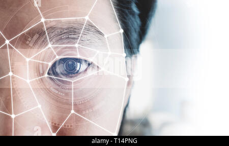 Facial Recognition, Security System Technology. Close-up a man face with futuristic scanning technology on human face Stock Photo