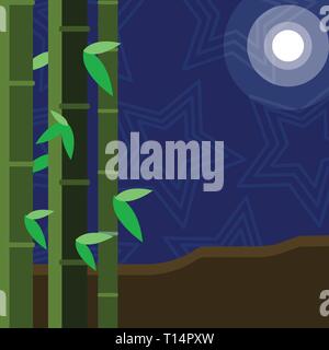 Colorful Sets of Leafy Bamboo on Left Side and Moon or Sun with Round Beam Business concept Empty template copy space isolated Posters coupons promoti Stock Vector