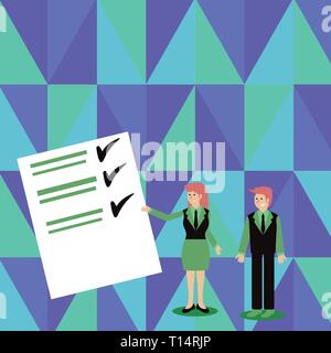 Man and Woman in Business Suit Presenting Report of Check and Lines on Paper Business concept Empty template copy space isolated Posters coupons promo Stock Vector