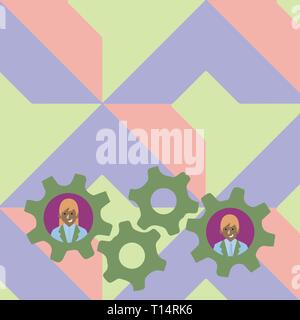 Two Business People Each Inside Colorful Cog Wheel Gears for Teamwork Event Design business Empty template isolated Minimalist graphic layout template Stock Vector