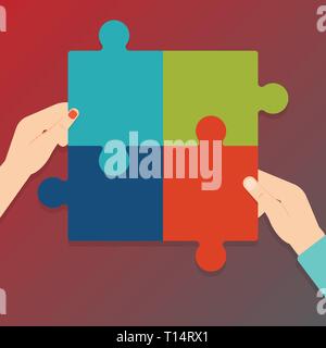 Four Blank Multi Color Jigsaw Puzzle Tile Pieces Put Together by Human Hands Design business Empty template isolated Minimalist graphic layout templat Stock Vector