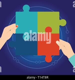 Four Blank Multi Color Jigsaw Puzzle Tile Pieces Put Together by Human Hands Design business concept Empty copy space modern abstract background Stock Vector