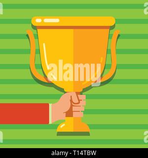 Hand Holding Blank Golden Championship Winners Cup Trophy with Reflection Design business concept Empty copy text for Web banners promotional material Stock Vector