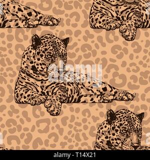 Seamless pattern of hand drawn sketch style leopards. Vector illustration. Stock Vector