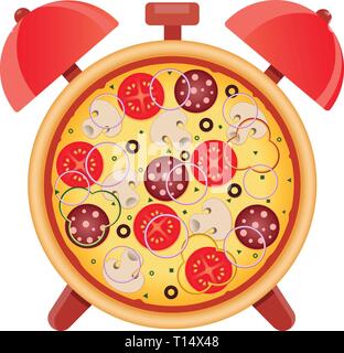 Pizza with mushrooms, salami, tomato and sausage. Pizza time. Snack time. Isolated vector illustration on white background. Stock Vector