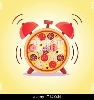 Pizza with mushrooms, salami, tomato and sausage. Pizza time. Snack time. Vector illustration Stock Vector