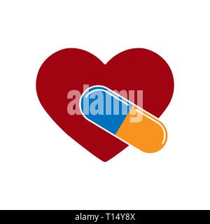 Silhouette of the heart and the capsule with the medication, flat design Stock Vector