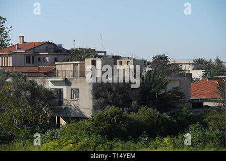 Famagusta (Varosha) is an abandoned Cypriot city of Famagusta. Before the 1974 Turkish invasion of Cyprus, it was the modern tourist area of the city. Stock Photo