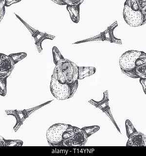 Seamless pattern of hand drawn sketch style bulldogs. Vector illustration isolated on white background. Stock Vector