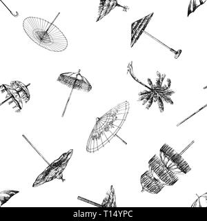 Seamless pattern of hand drawn sketch style different umbrellas isolated on white background. Vector illustration. Stock Vector
