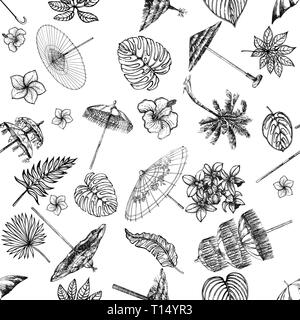 Seamless pattern of hand drawn sketch style different umbrellas and tropical plants isolated on white background. Vector illustration. Stock Vector
