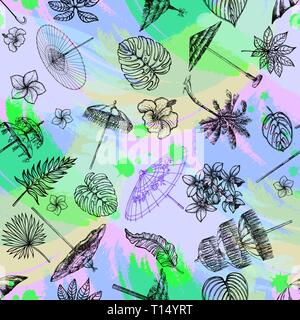 Seamless pattern of hand drawn sketch style different umbrellas and tropical plants. Vector illustration. Stock Vector