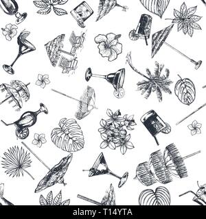 Seamless pattern of hand drawn sketch style different umbrellas, tropical plants and alcoholic cocktails isolated on white background. Vector illustra Stock Vector