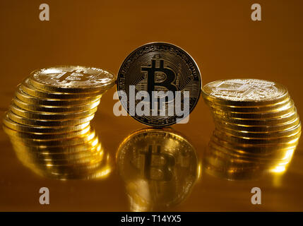 Bitcoin. Crypto currency Gold Bitcoin, BTC, Bit Coin. Macro shot of Bitcoin coins. Stock Photo