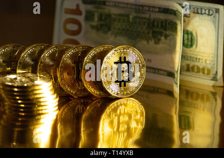 Bitcoin. Crypto currency Gold Bitcoin, BTC, Bit Coin. Macro shot of Bitcoin coins. Stock Photo