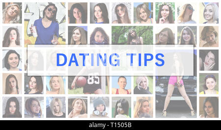 Dating tips. The title text is depicted on the background of a collage of many square female portraits. The concept of service for dating Stock Photo