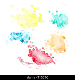 Set of 5 watercolor blots with splashes and stains. Watercolor spots of yellow, orange, blue, green and red flowers. Isolated blots on a white backgro Stock Photo