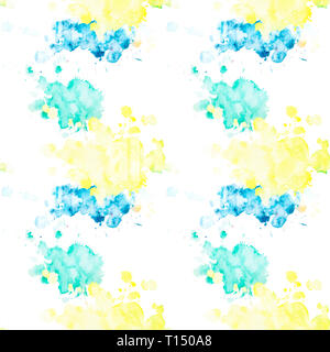 Seamless pattern with multicolored watercolor blots with splashes and stains on a white background. Watercolor spots of yellow, green and blue. Gentle Stock Photo