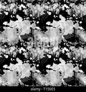 Black and white seamless pattern with watercolor blots on night dark sky background. Watercolor spots in the form of thunderclouds with lightning and  Stock Photo