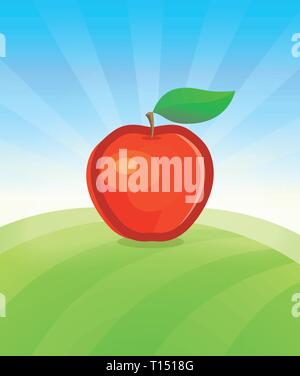 Banner template with Apple Fruit in Garden. Placard with copy space on top and bottom area. Symbol of juicy Fruit under blue sky. Colorful vector illu Stock Vector