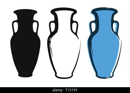 Vector amphora image in blue color and silhouettes in white and black background isolated in flat style. Illustration of ancient greek clay urn. Stock Vector