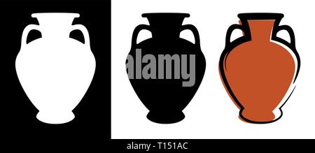 Vector ancient amphora image in burgundy color and silhouettes in white and black background isolated in flat style. Illustration of greek wine jug. Stock Vector