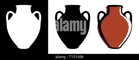 Vector ancient amphora image in brown color and silhouettes in white and black background isolated in flat style. Illustration of greek clay urn. Stock Vector