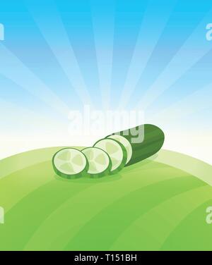 Banner template with Cucumber - Vegetables trade poster. Ads Placard with copy space on top and bottom area. Symbol of ripe vegetable under blue sky.  Stock Vector