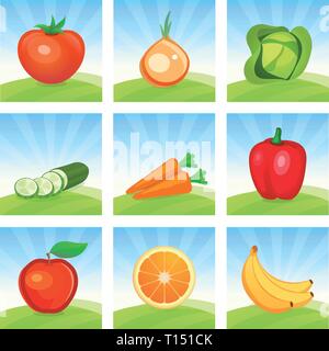 Vector Icon set of Vegetables and Fruits on Scenic landscape background. Cartoon illustrations for design of Emblems and promo for Harvesting and Trad Stock Vector