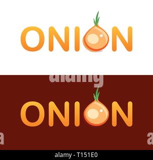 Vector creative Logotype design for trading onions vegetables. Character O included in Lettering of Onion logo. Emblem isolated on white and dark back Stock Vector