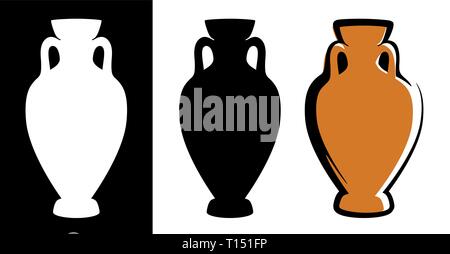 Vector amphora image in brown color and silhouettes in white and black background isolated in flat style. Illustration of ancient greek clay urn. Stock Vector