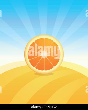 Banner template with Orange - Fruit trade poster. Ads Placard with copy space on top and bottom area. Symbol of juicy Fruit under blue sky. Colorful v Stock Vector