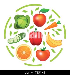 Vector round print with Vegetables and Fruits. Stock Vector