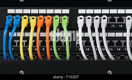 Closeup of  colored computer network cables  connected to a  switch Stock Photo
