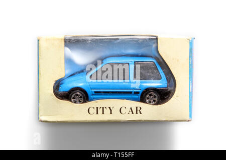 Antique collectable toy car lighter in box, isolated on white background, close-up Stock Photo