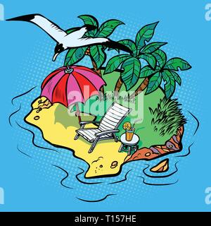 tropical island tourist resort beach chaise longue, bird Seagull Stock Vector