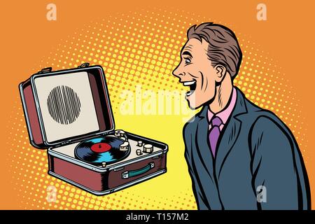 happy man listening to music. retro vinyl record player Stock Vector