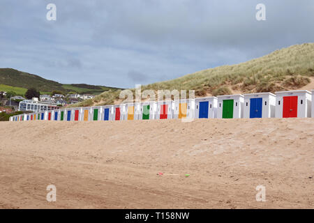 Beach Huts on Woolacombe Beach, Woolacombe Bay, Devon, UK Stock Photo