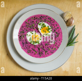 Cold beetroot soup with egg (chłodnik litewski). Traditional dish from Eastern Europe. Stock Photo