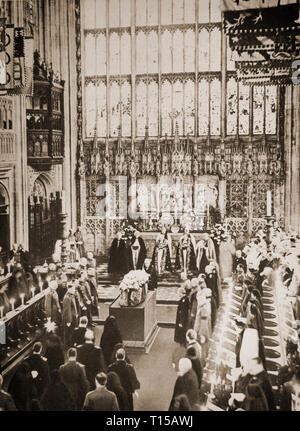 The funeral of King George V, atteneded by Kings and members of many European royal families, in the Chapel of St George  in Windsor Castle, Berkshire, England on the 28th January 1936. Stock Photo