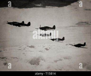 During the Battle of Britain, that officially lasted from 10 July until 31 October 1940, a flight of Hawker Hurricanes above the clouds speed towards invading Luftwaffe aircraft. The Hurricane was the 'workhorse' that scored the highest number of RAF victories during this period, accounting for 55 percent of the 2,739 German losses, according to Fighter Command, compared with 42 per cent by Spitfires. Stock Photo