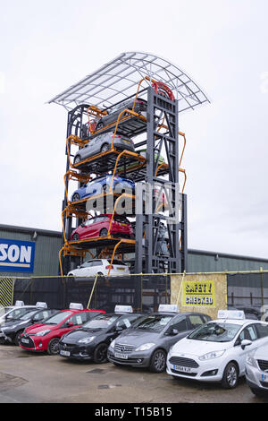 Aylesbury, UK - December 06, 2018. A rotary parking system is used on an industrial estate. The system provides an innovative way to increase parking  Stock Photo