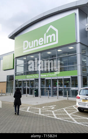 Milton Keynes, UK - February 11, 2019. Exterior of a Dunelm Store on a retail park in Milton Keynes, UK. Stock Photo