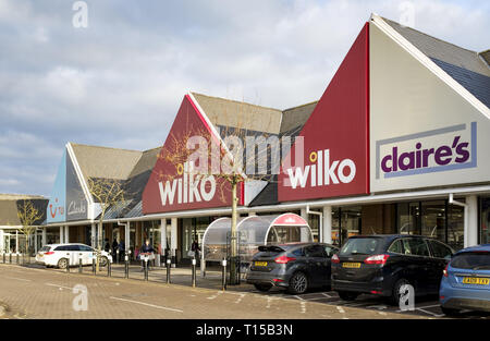 Milton Keynes, UK - February 11, 2019. Exterior of a Wilko store on a retail park. Stock Photo